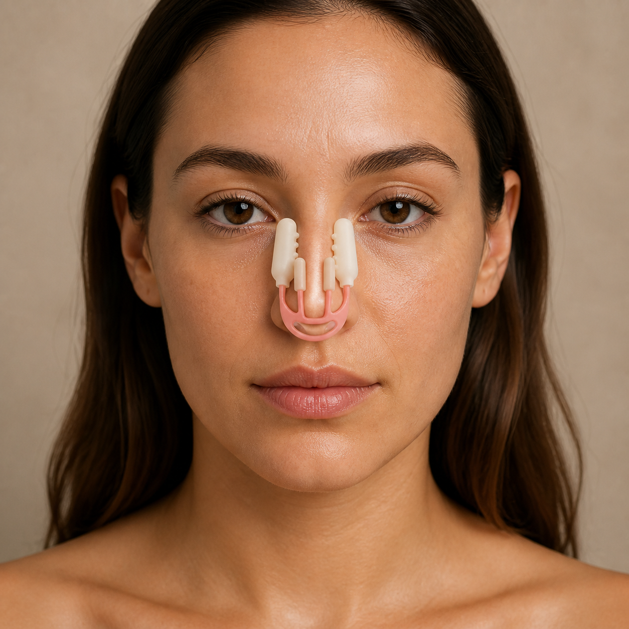 Representational lifestyle image of the Enova Nose Contour Clip worn externally with four visible contact pads