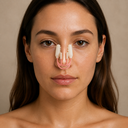 Representational lifestyle image of the Enova Nose Contour Clip worn externally with four visible contact pads