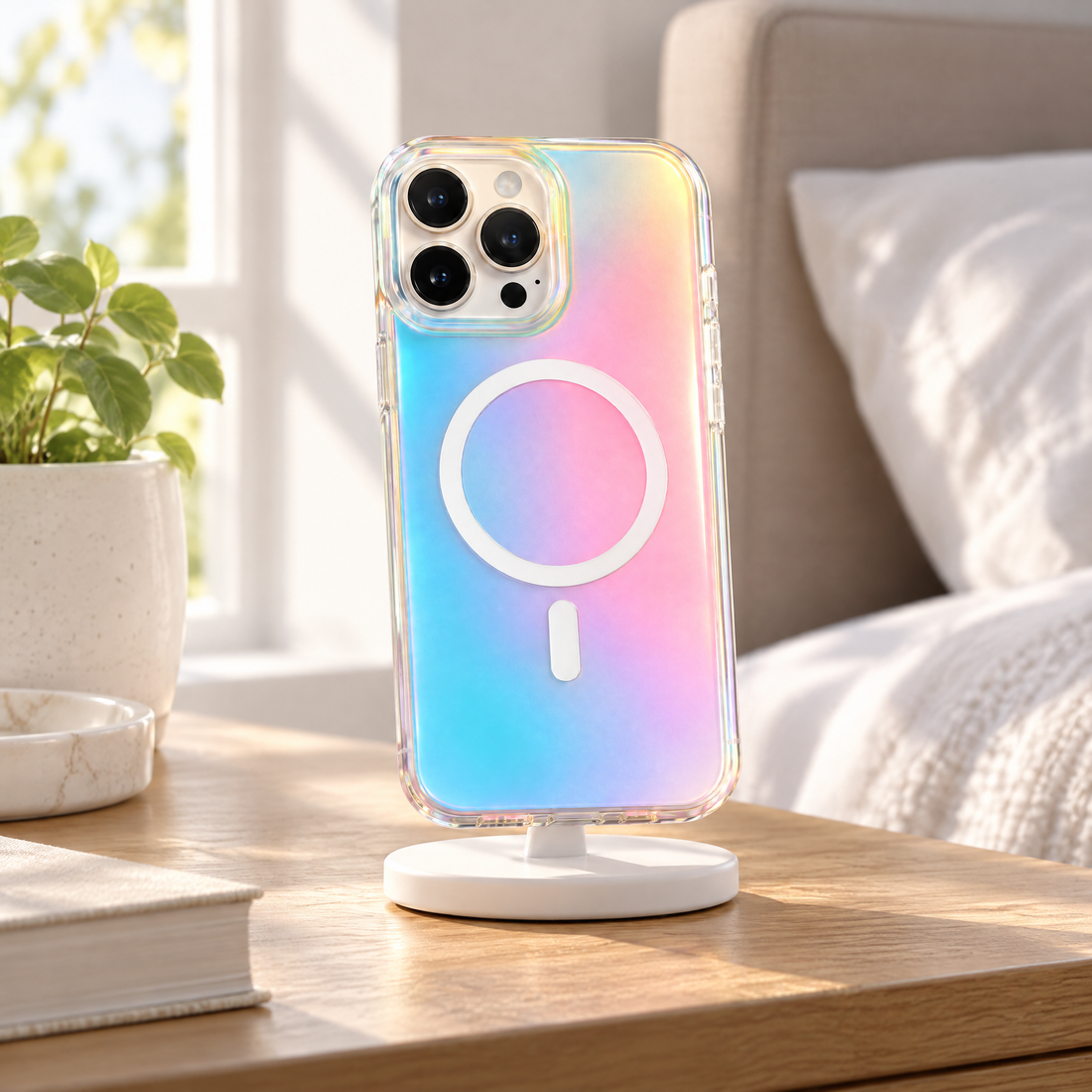 Phone in the AuraShift case on a magnetic charging stand