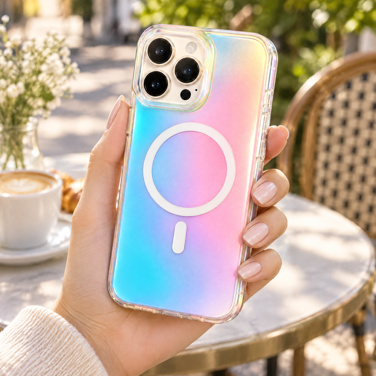 Hand holding a phone in the AuraShift pearl case