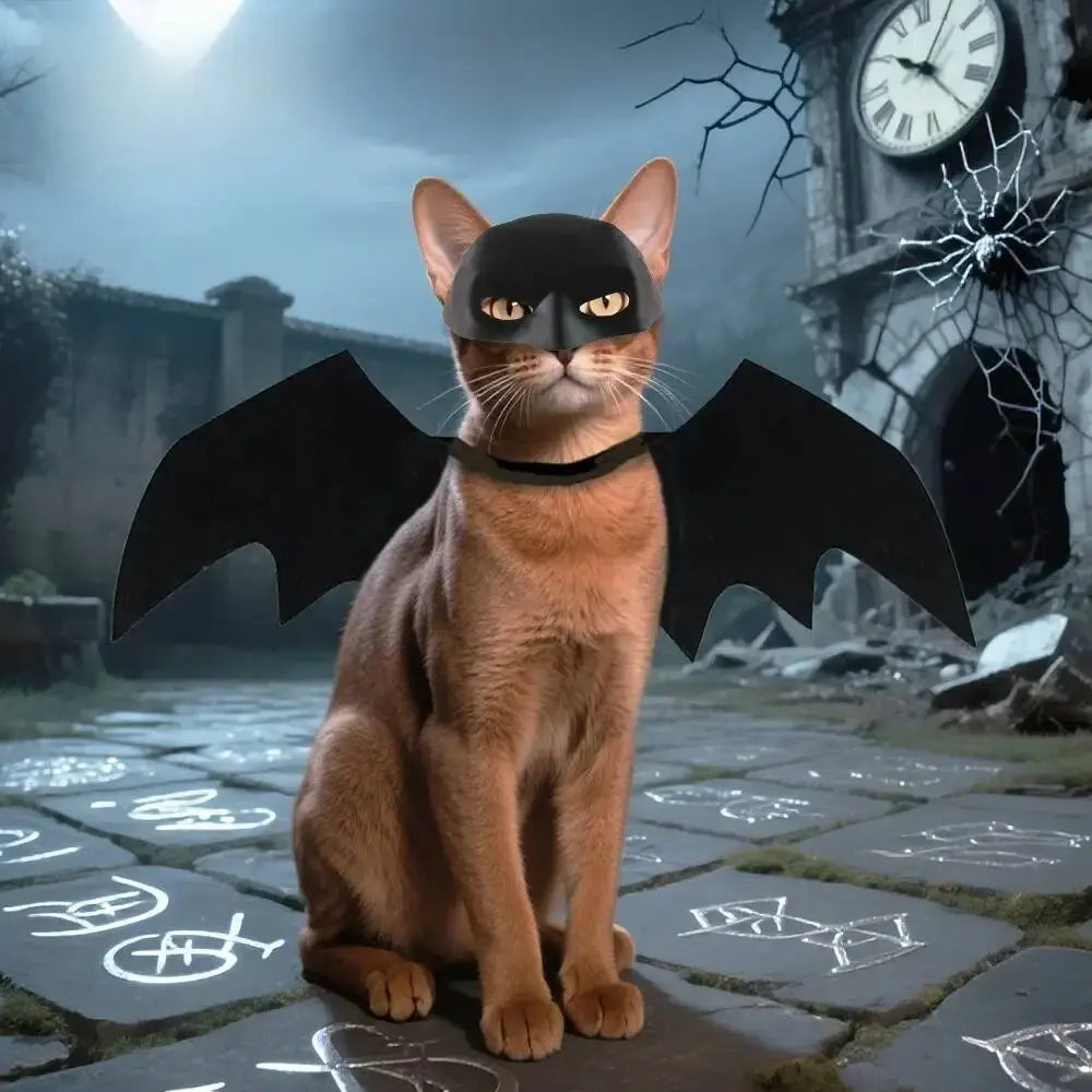 Cat shown wearing a black mask and wing piece