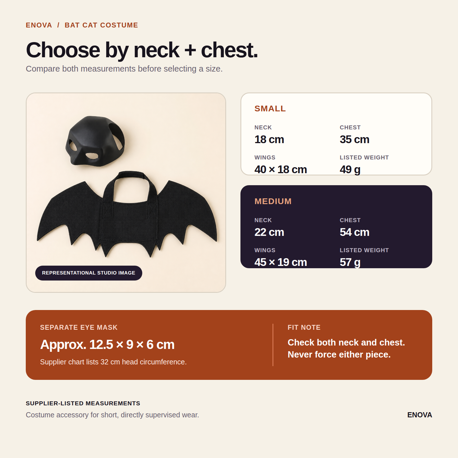 Enova Bat Cat Costume supplier-listed fit guide for Small and Medium
