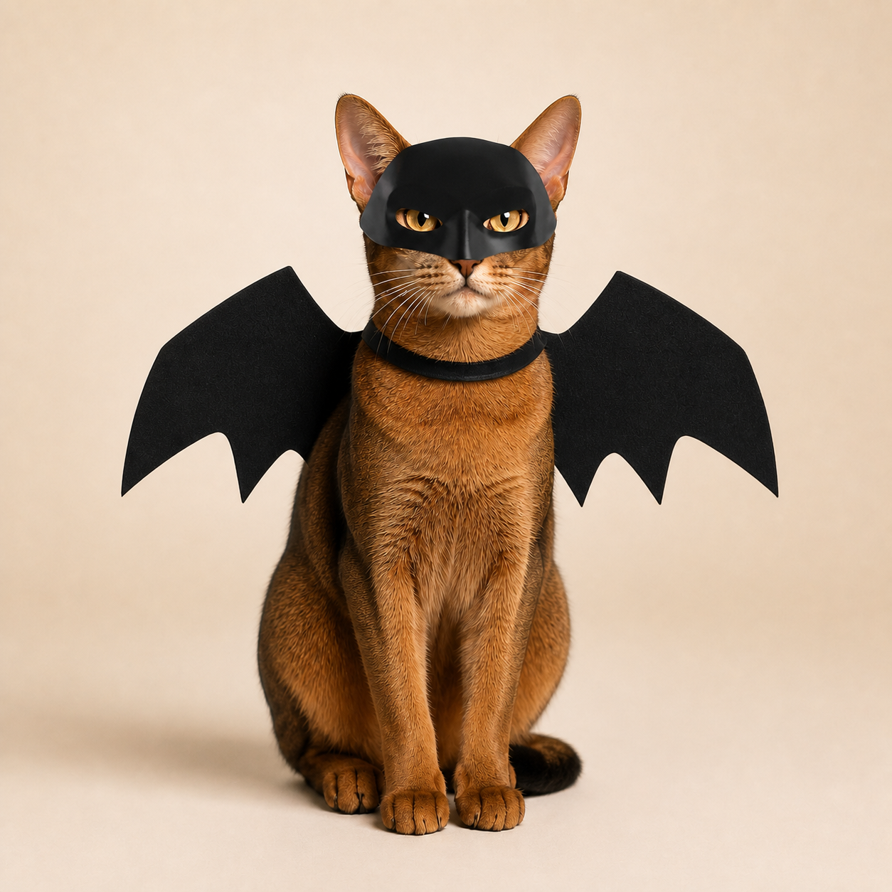 Representational studio image of a cat wearing the separate black cowl mask and wing harness