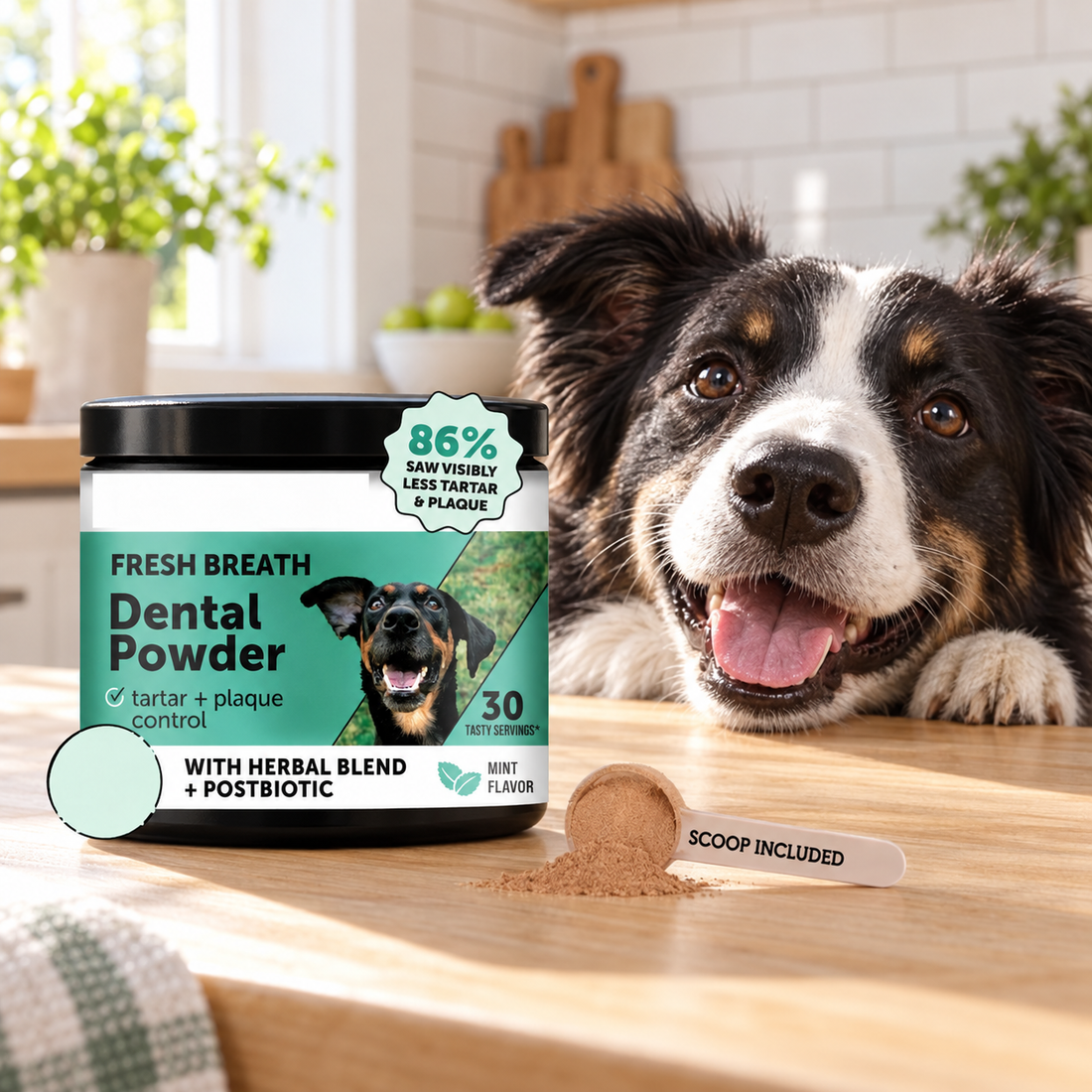Dog beside the dental powder tub on a kitchen counter