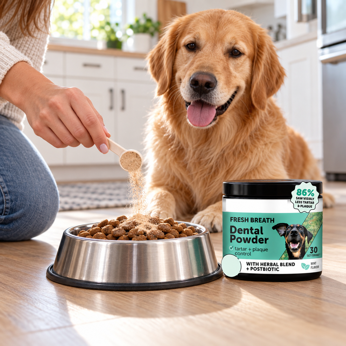 Owner sprinkling BrightBite powder over a dog bowl