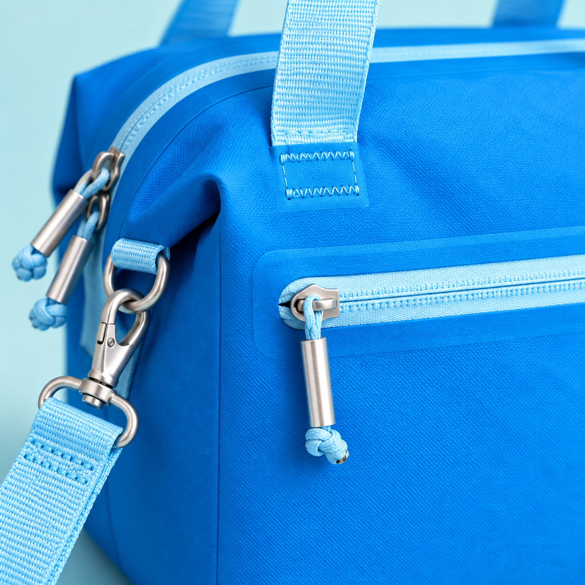 Close-up of the ChillCube front zip pocket and strap clip