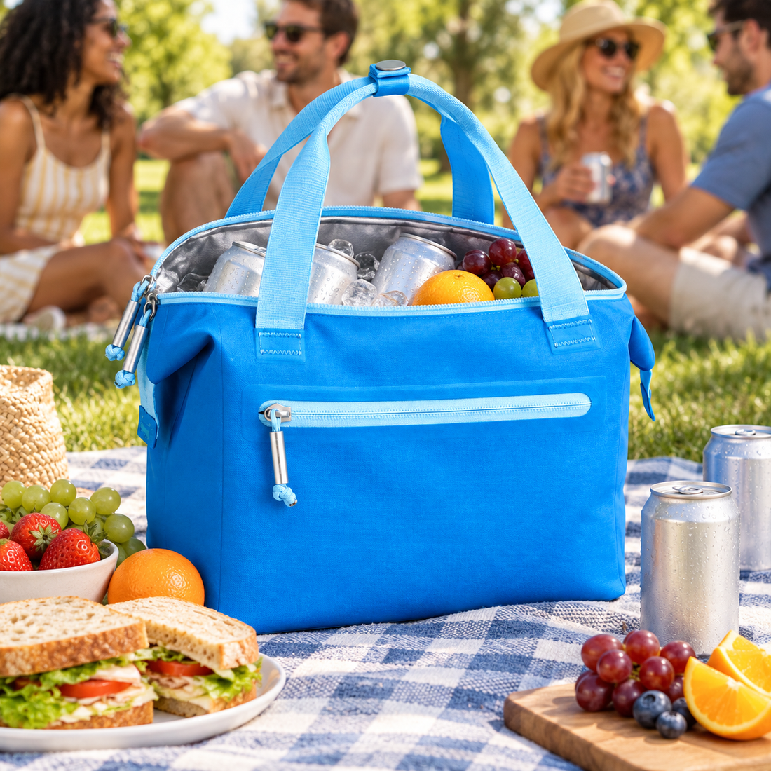 ChillCube cooler open on a picnic blanket with drinks