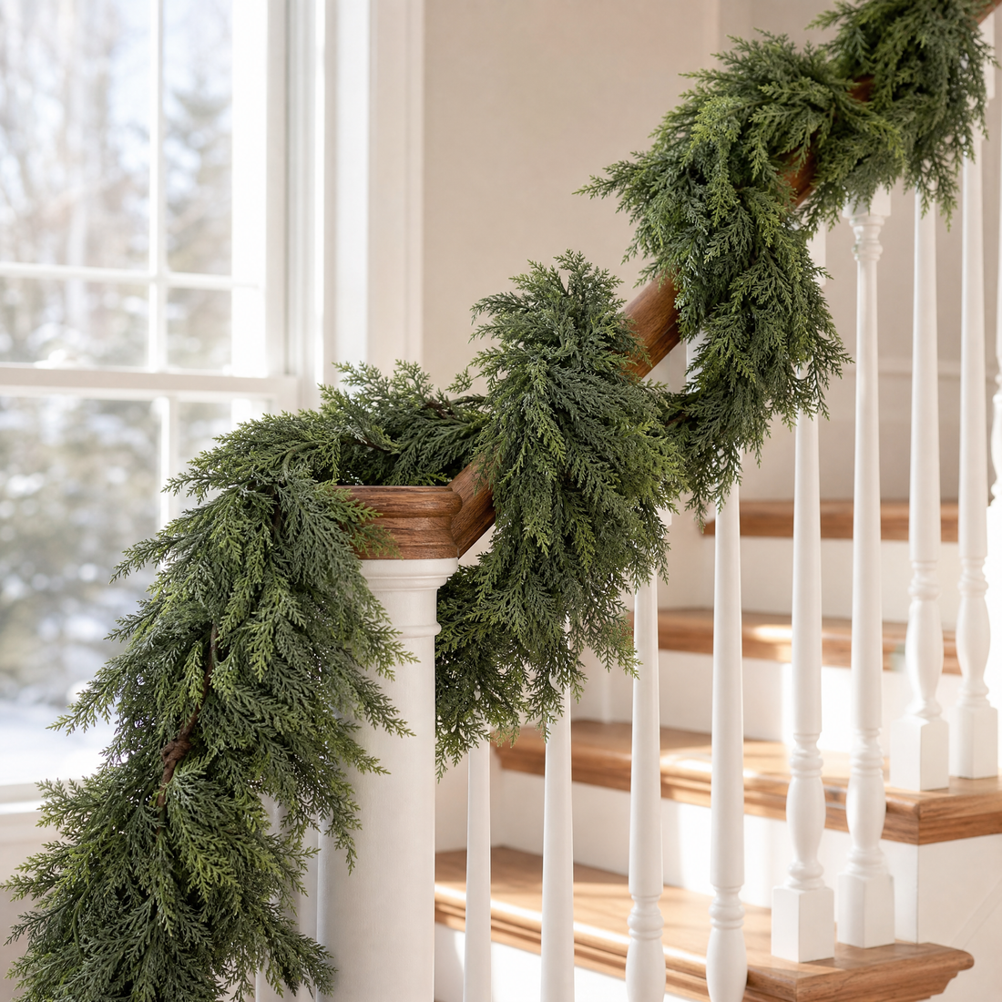 EverCedar garland on a staircase banister