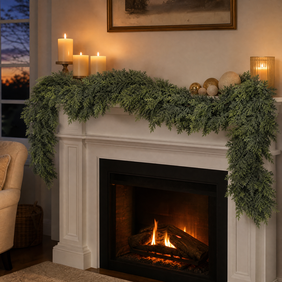 EverCedar garland on a fireplace mantel