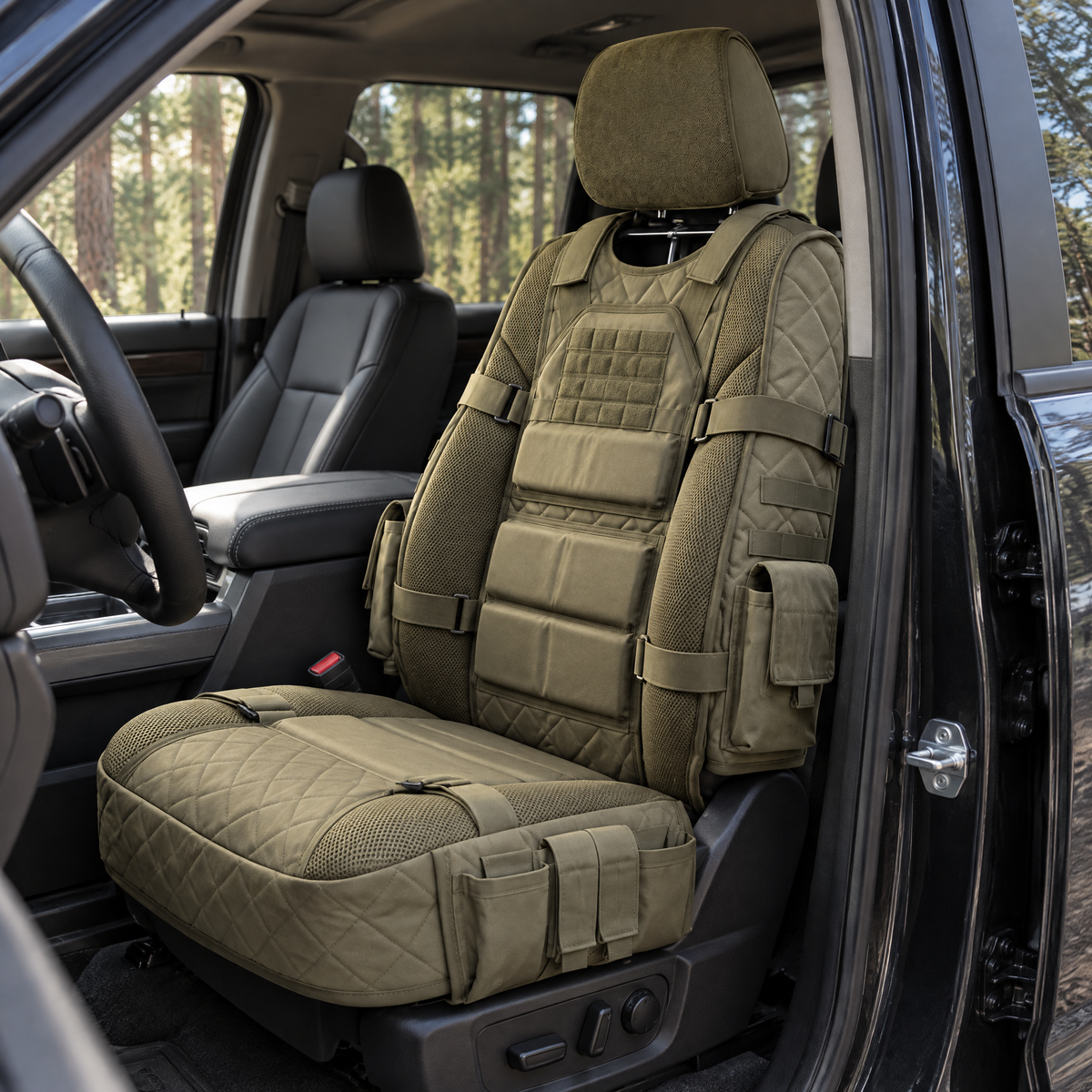 FieldRig olive tactical MOLLE seat cover fitted on a truck seat
