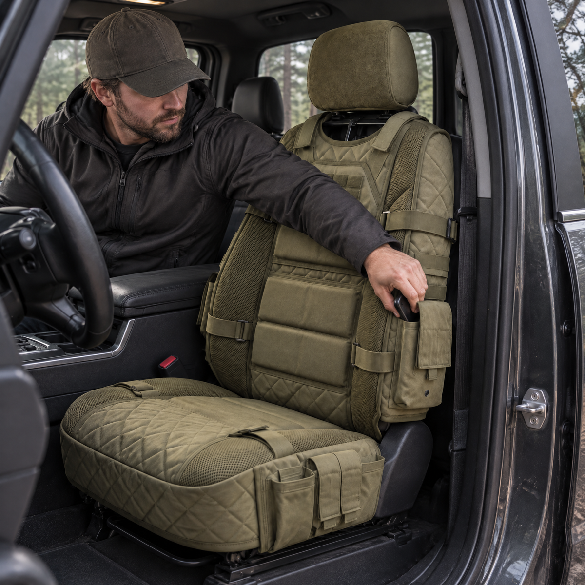 Driver reaching into a FieldRig side pouch from the open truck door