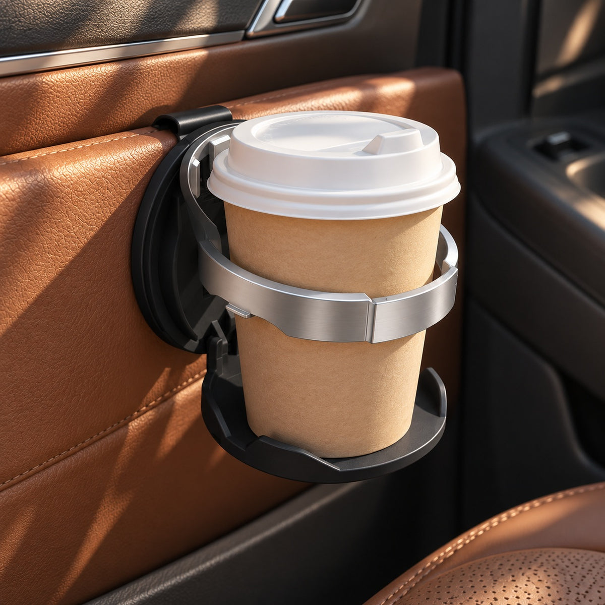 Foldaway use — Black holder supporting a coffee cup in a generated car-door scene
