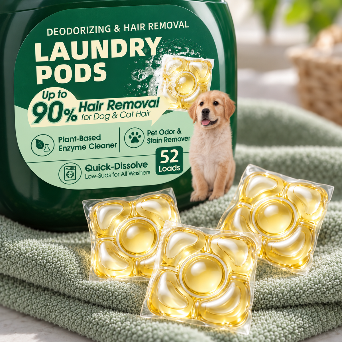 Close-up of the laundry pods and tub label
