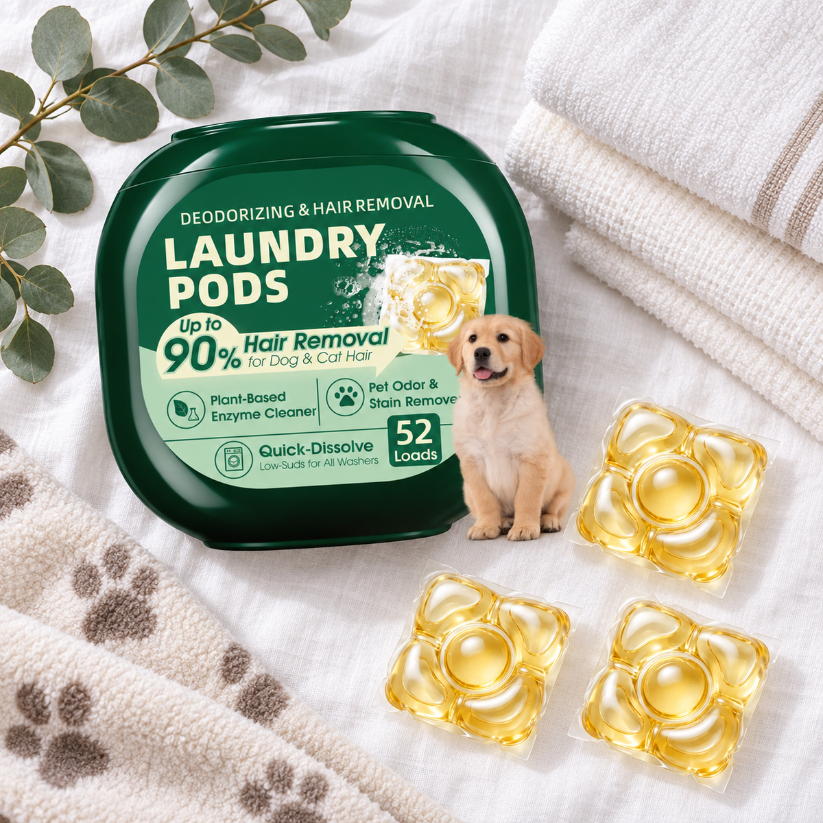 FurFree tub, pods and folded laundry from above