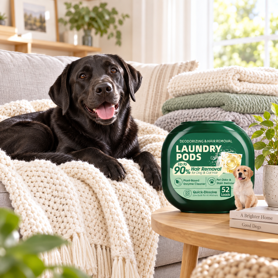 Clean folded blankets on a sofa with a dog