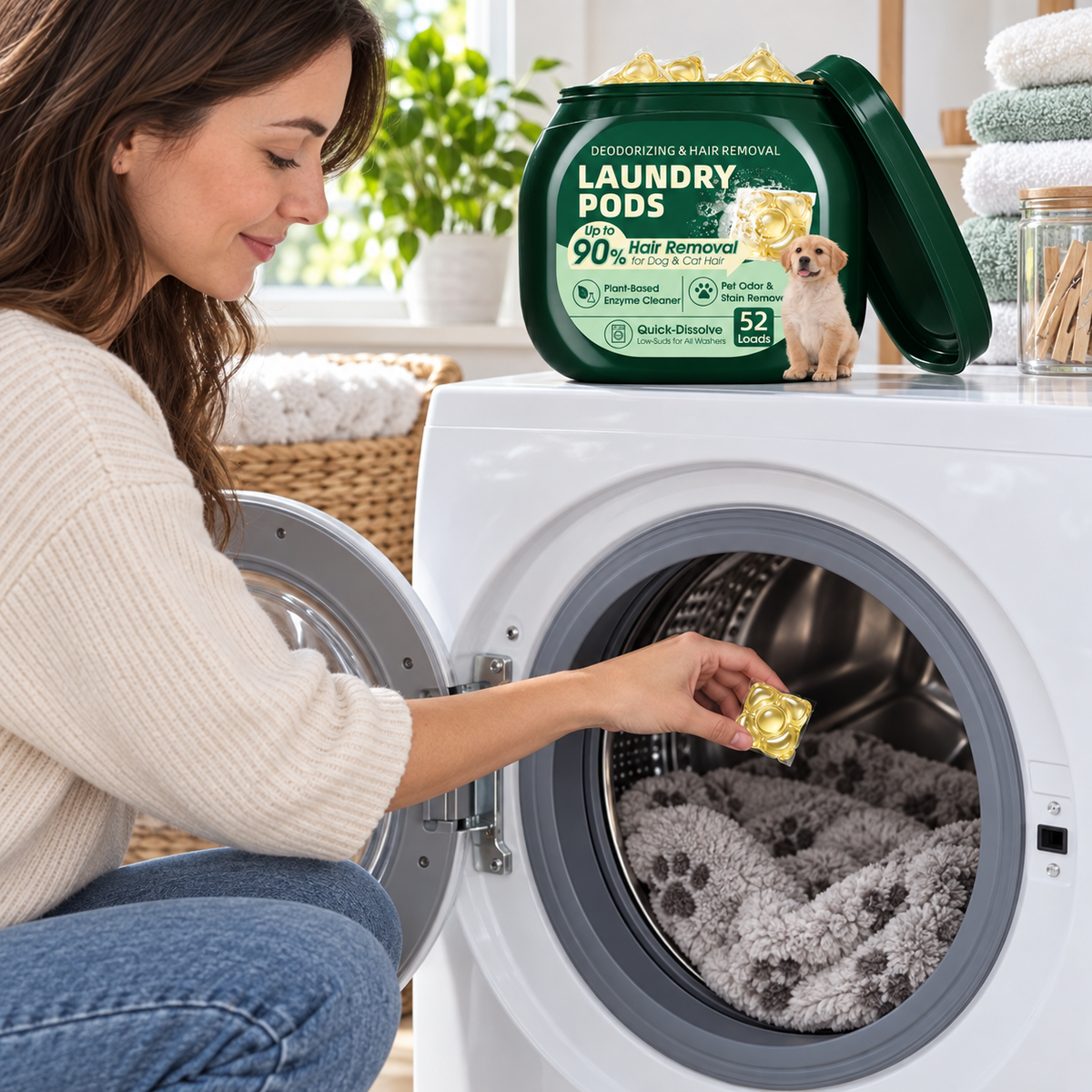 Owner adding a pod to a washing machine with a pet blanket
