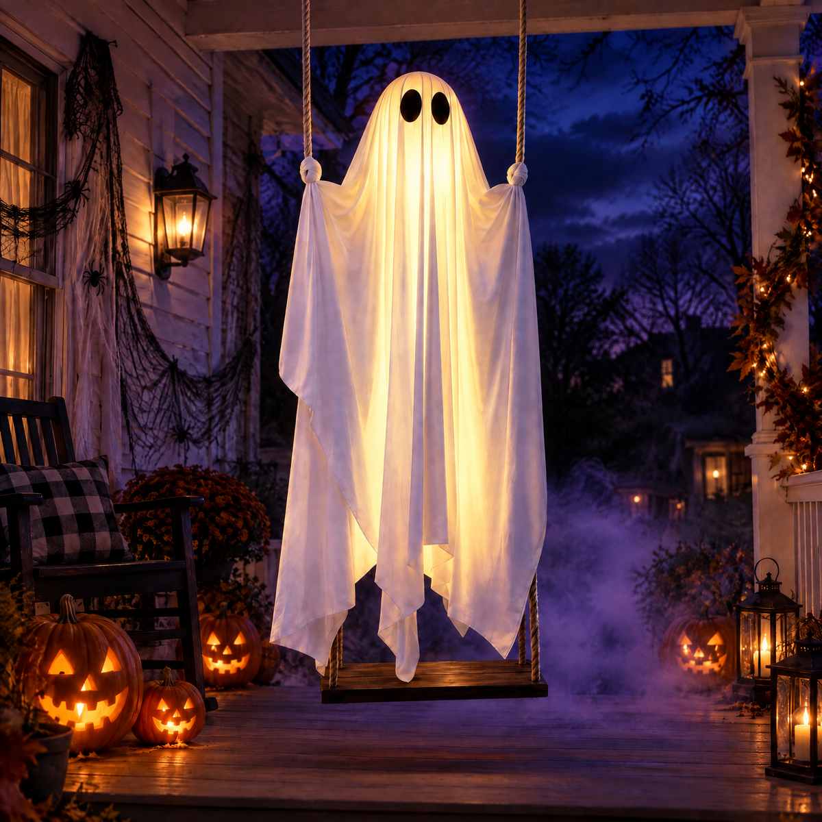GlowSwing ghost swaying on its swing under a porch light