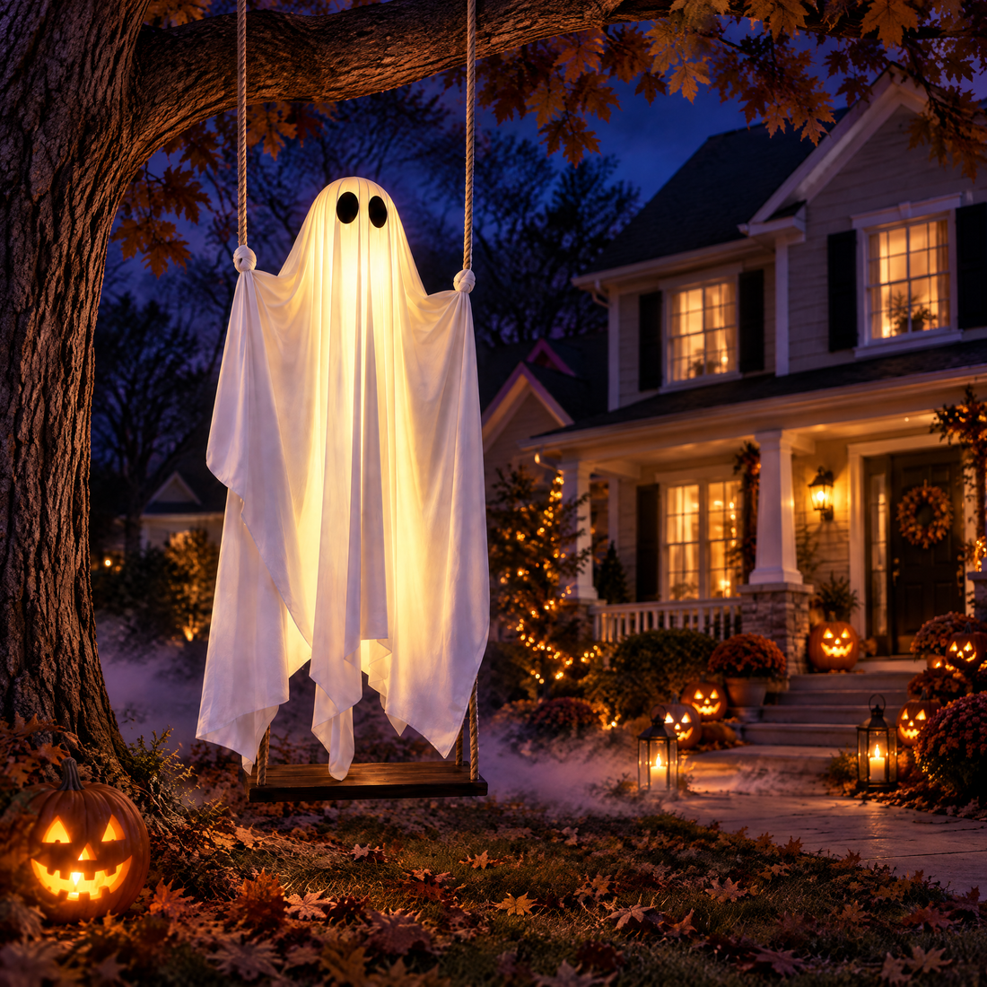 GlowSwing ghost hanging from a tree in a Halloween front yard