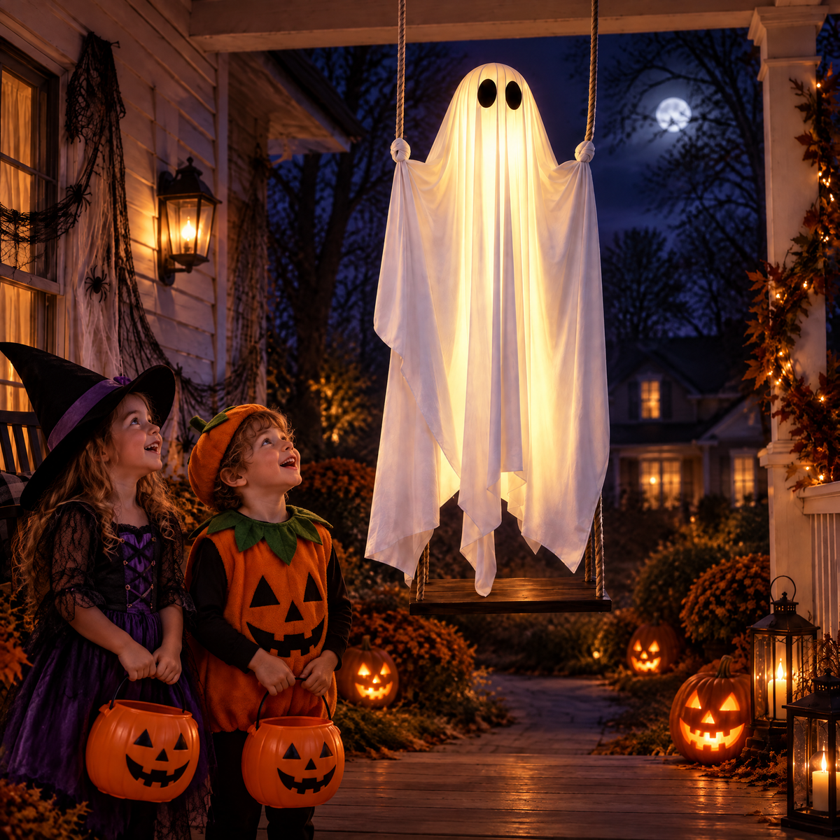 Trick-or-treaters looking up at the GlowSwing ghost on a porch