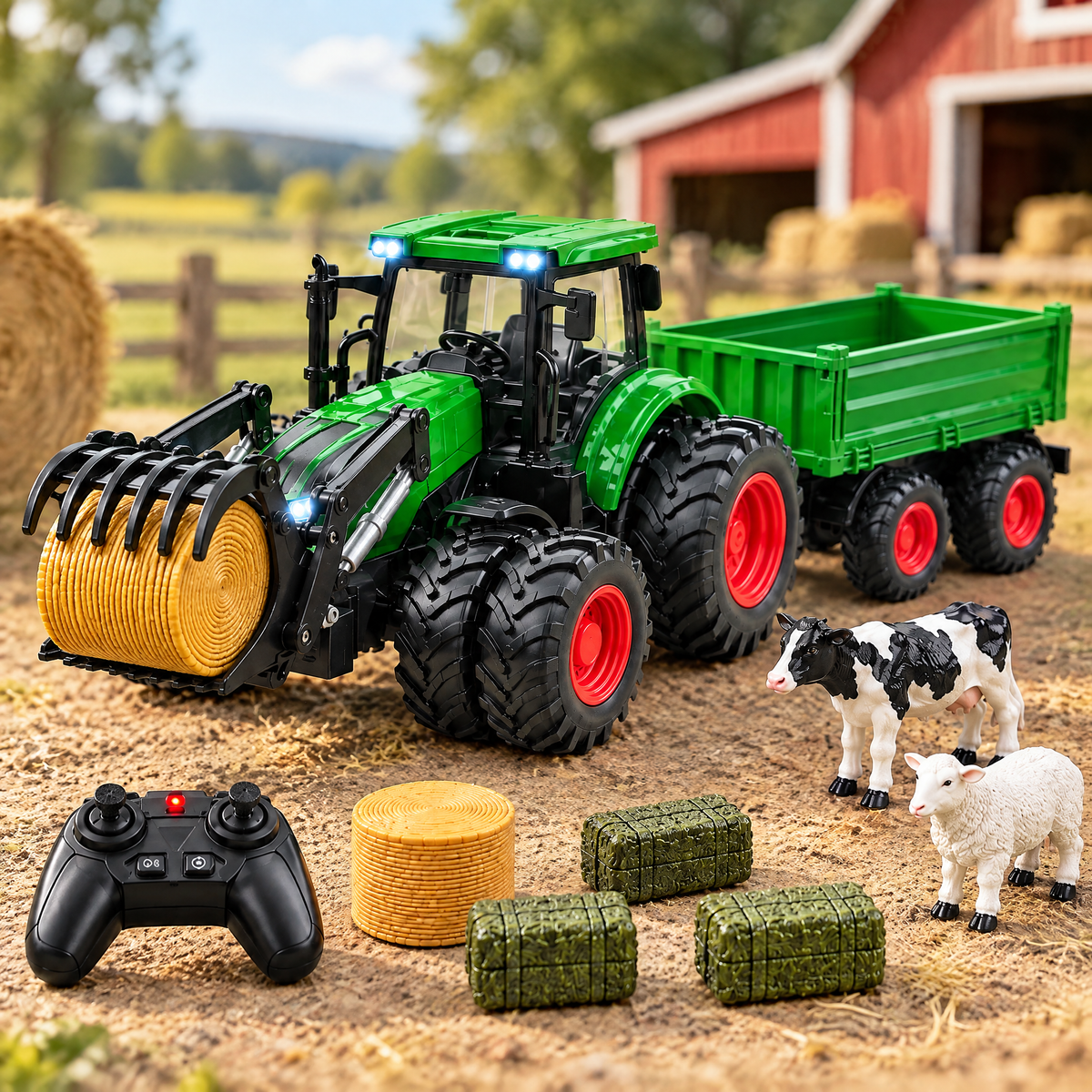 HarvestHaul front loader lifting a hay bale