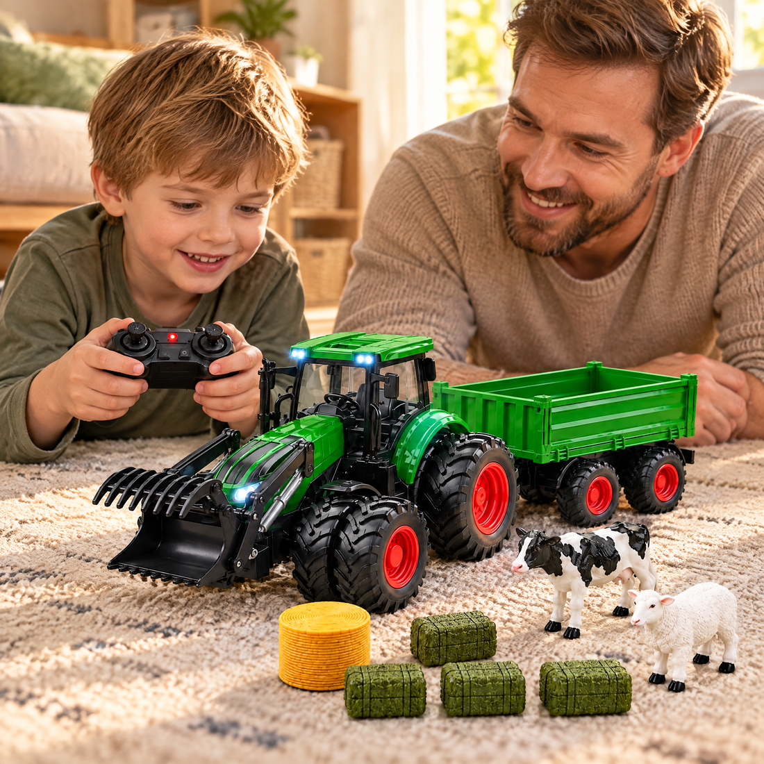 Parent and child playing with the HarvestHaul farm set