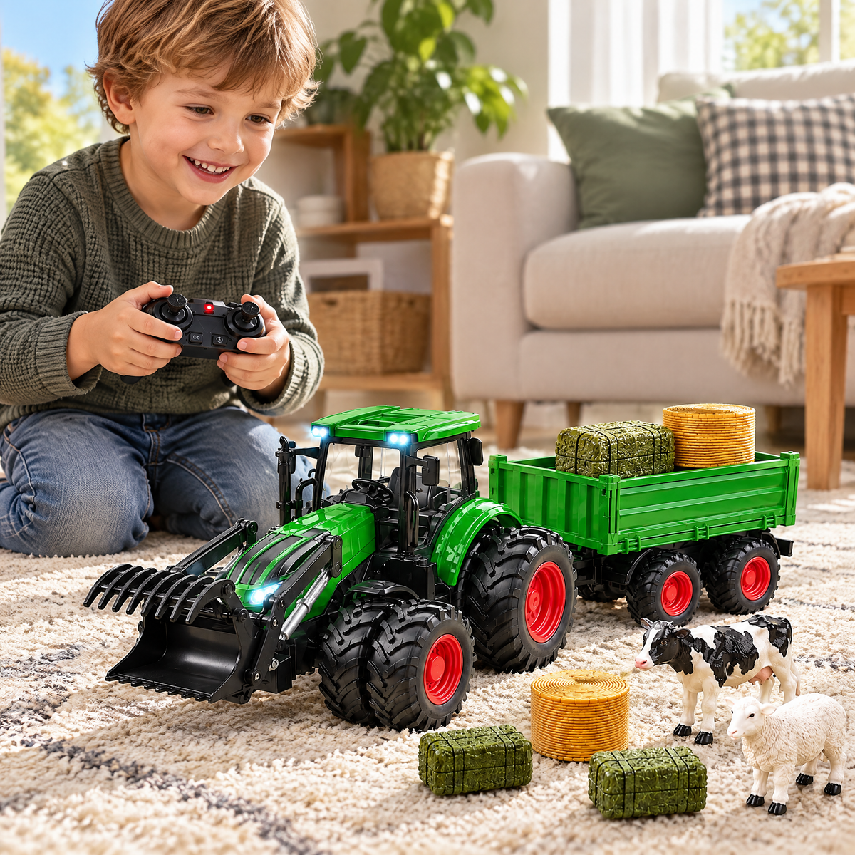 Child driving the HarvestHaul tractor on a living-room rug