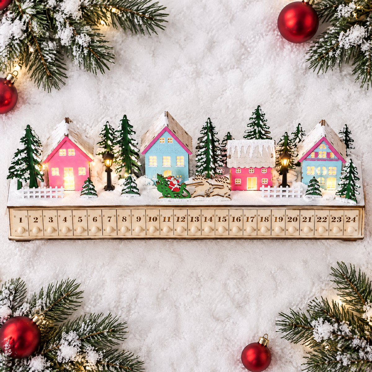 Close-up of the Hollyvale village rooftops and sleigh