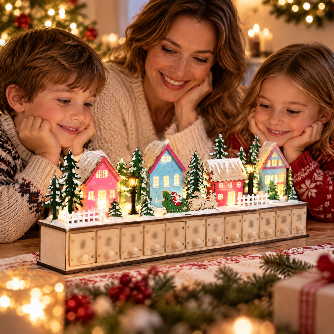Family opening the Hollyvale advent village together
