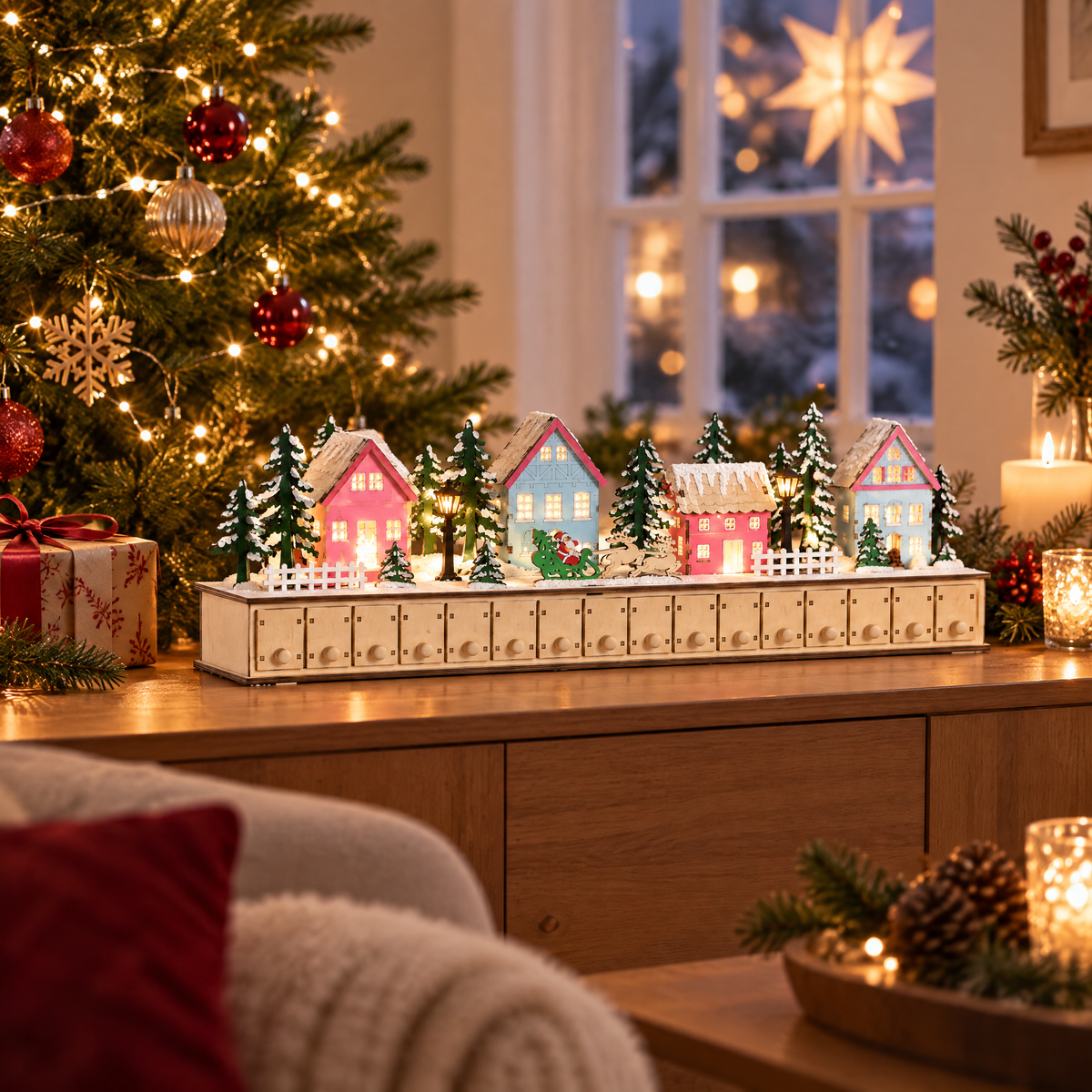 Hollyvale advent village glowing on a sideboard