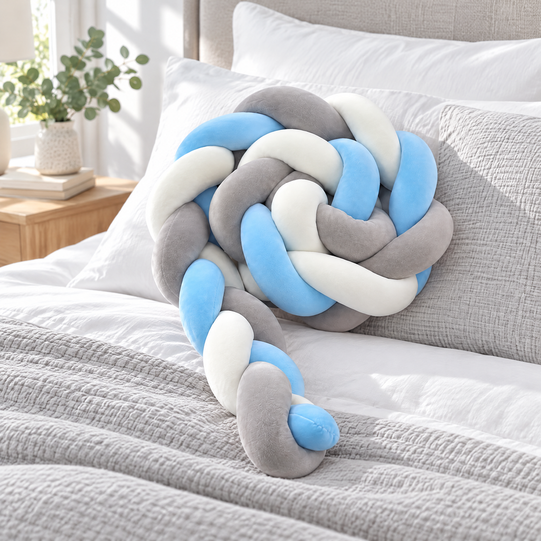 LoopNest knot pillow on a made bed