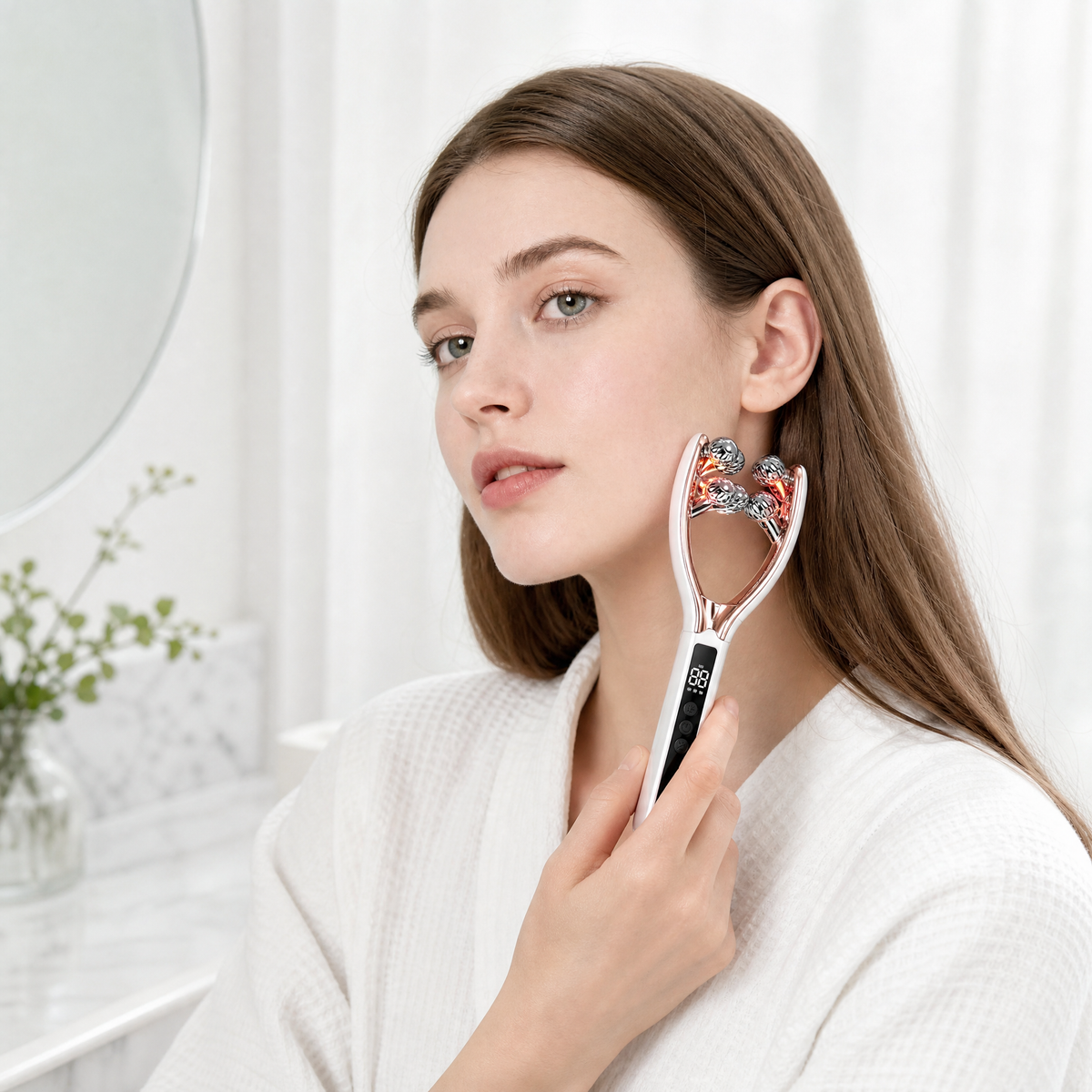 Woman using LumaSculpt along her jawline