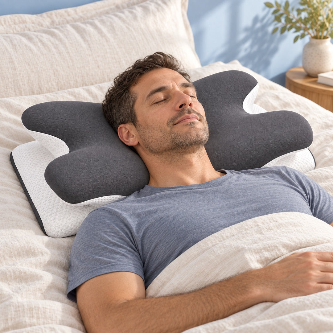 Nestform back — adult man resting on his back with the pillow; generated lifestyle scene
