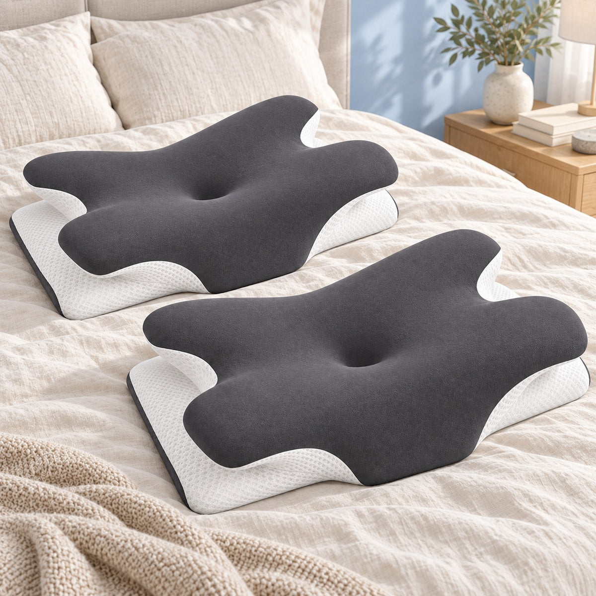 Nestform pair — two matching butterfly contour pillows on a bed; generated studio scene