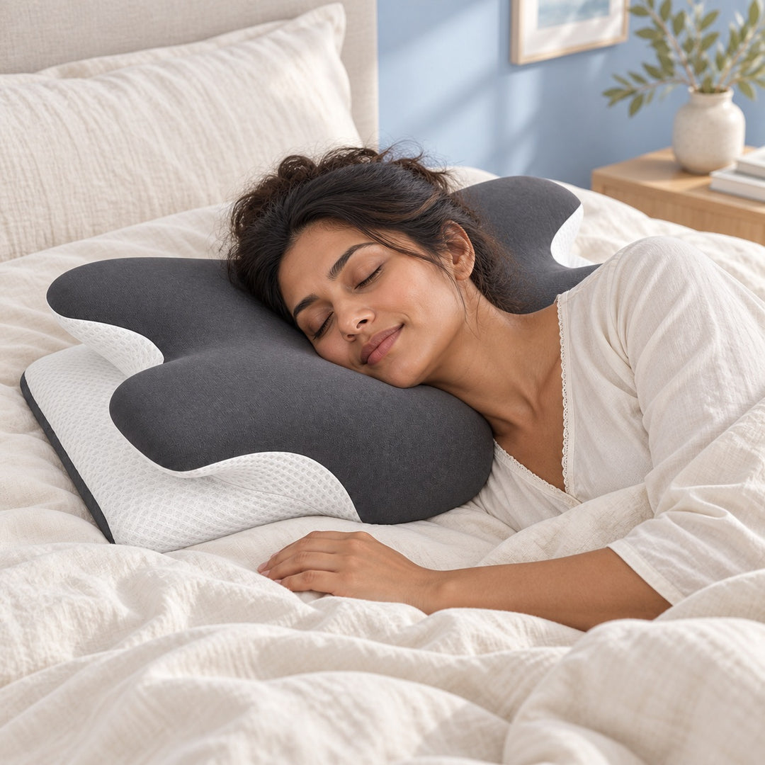 Nestform side — adult woman resting on her side with the pillow; generated lifestyle scene