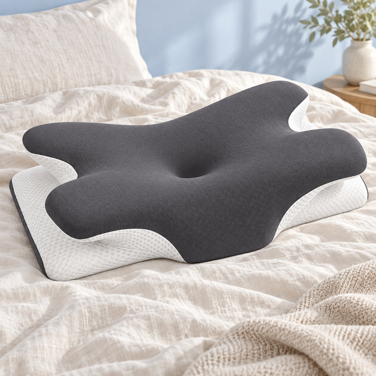 Nestform single — one charcoal and white butterfly contour pillow on ivory bedding; generated studio scene