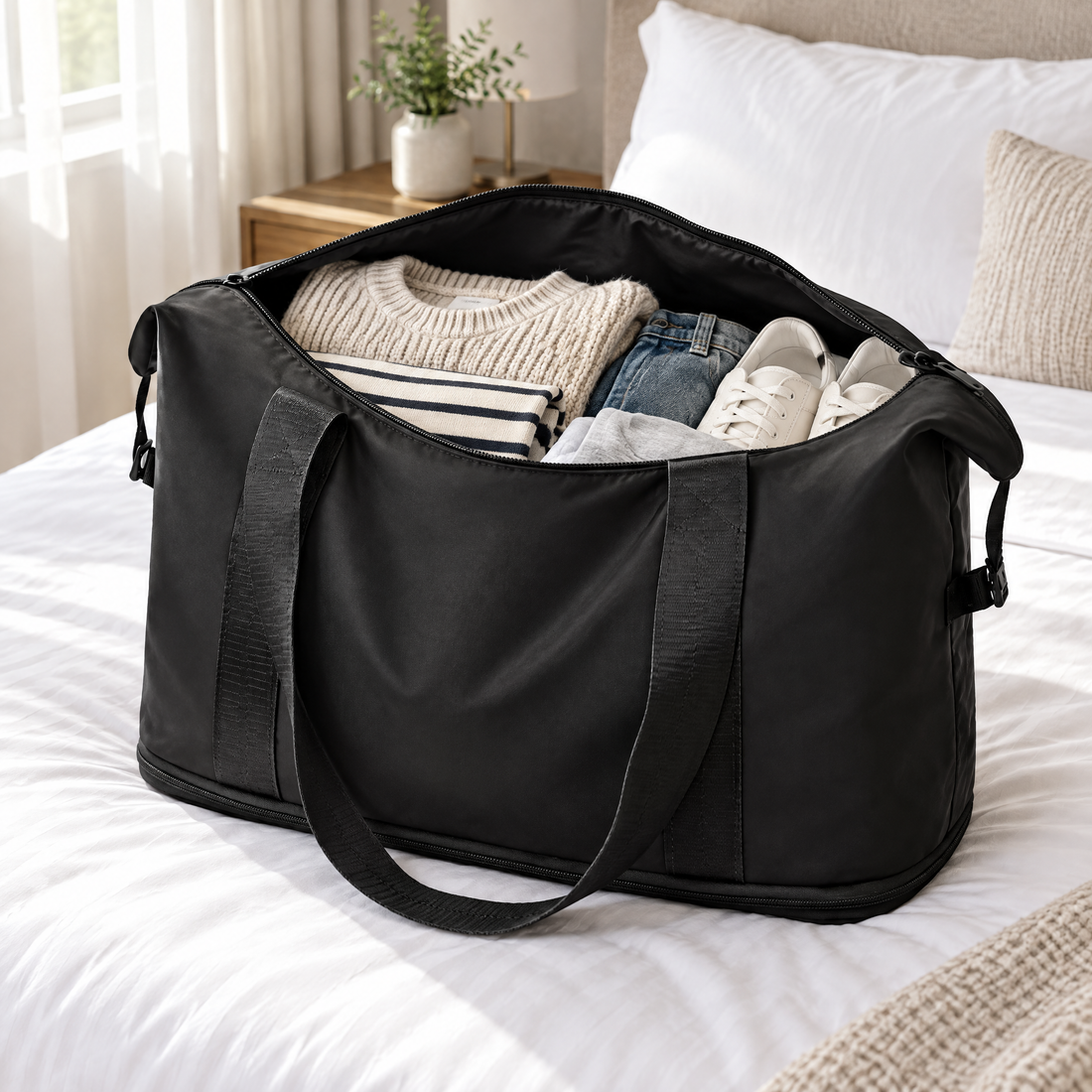 Nomadly duffel open on a hotel bed with folded clothes