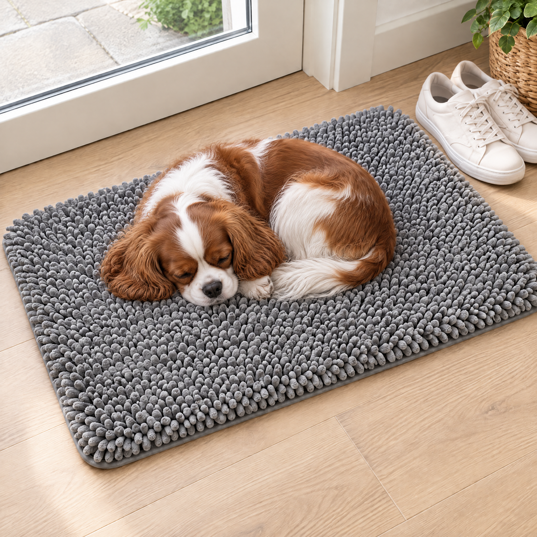 Dog resting on the PawDry mat in the hallway