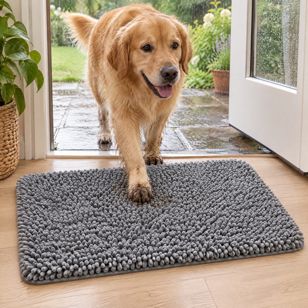 Dog stepping onto the PawDry mat at the back door