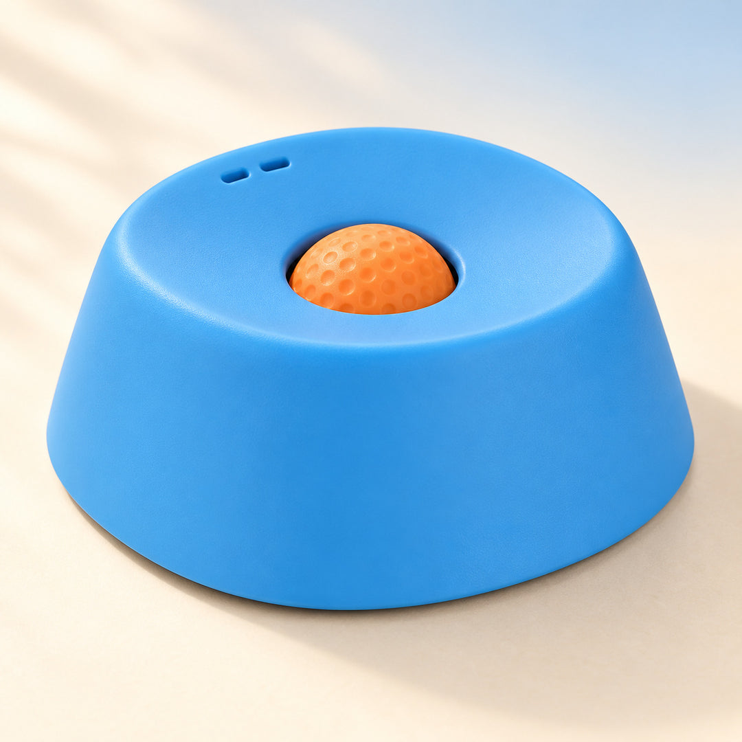 Pawturn hero — generated studio view of blue rolling-ball liquid-treat bowl