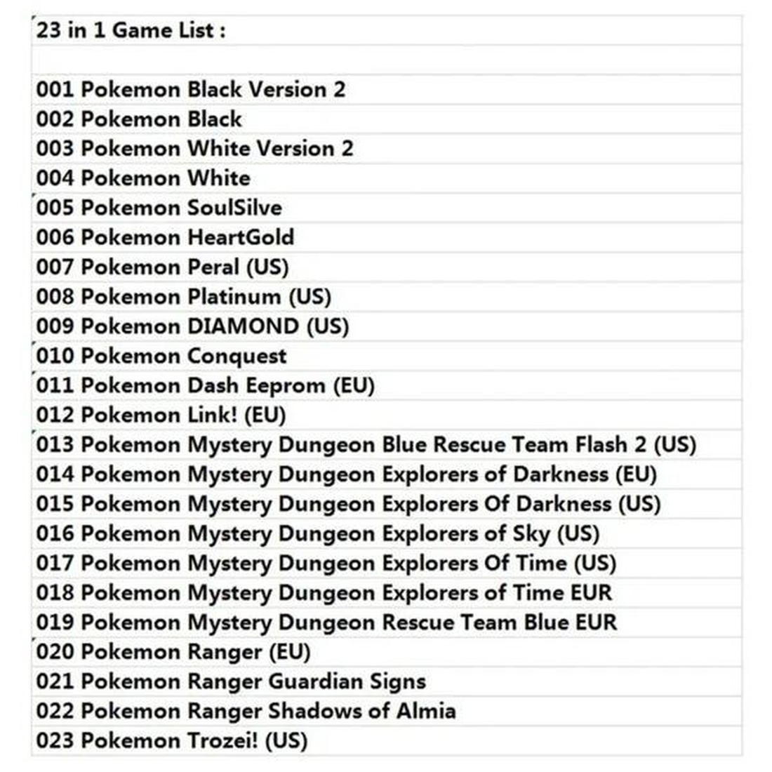 PocketArcade 23-game list