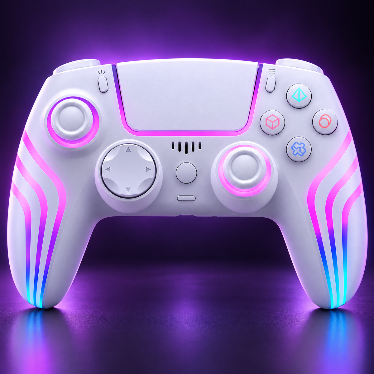 PulsePad white wireless controller with glowing RGB stripes