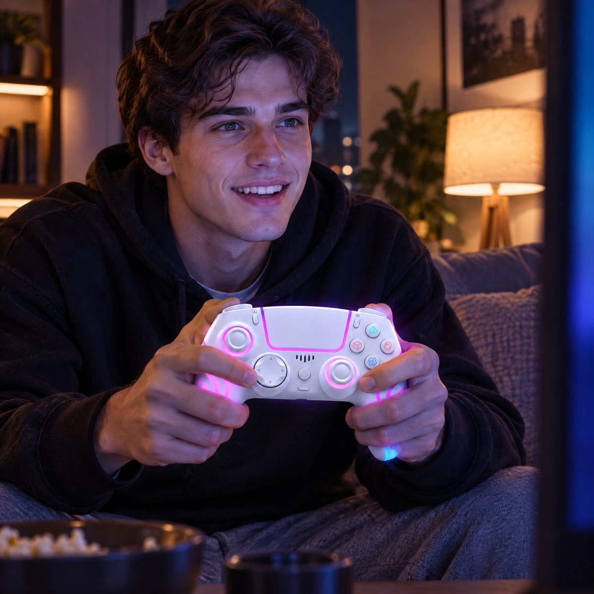 Gamer on a sofa playing with the PulsePad controller