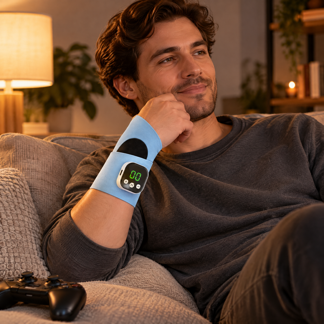 Relaxing on the sofa wearing PulseWrap