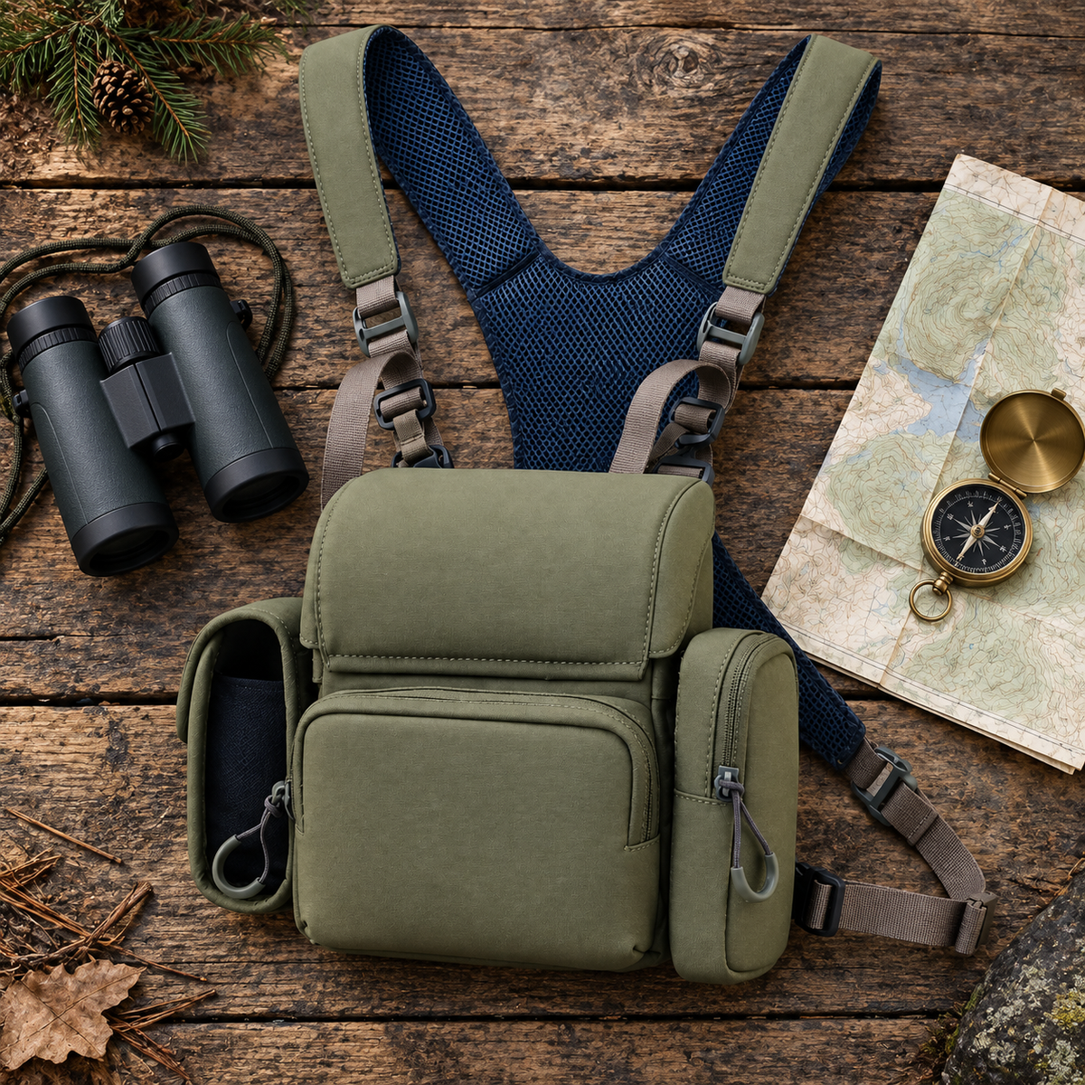 RidgeView chest pack from above with binoculars and a map