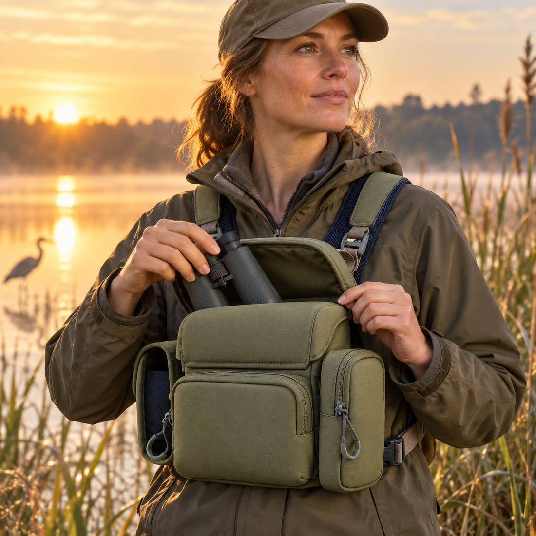 Birdwatcher lifting binoculars from the RidgeView pack at sunrise