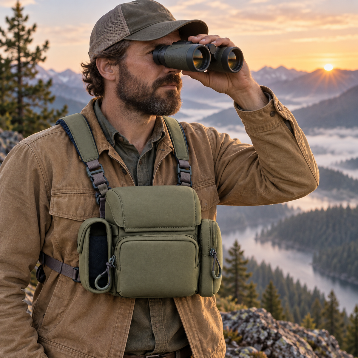 Hiker glassing a valley wearing the RidgeView chest pack