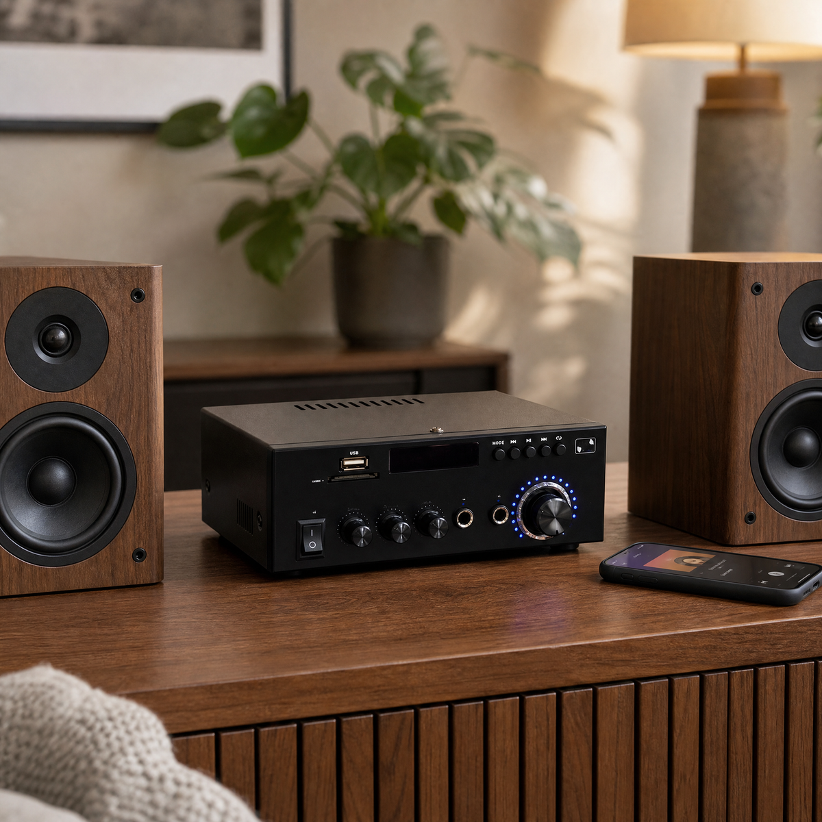 RoomCast amplifier with bookshelf speakers