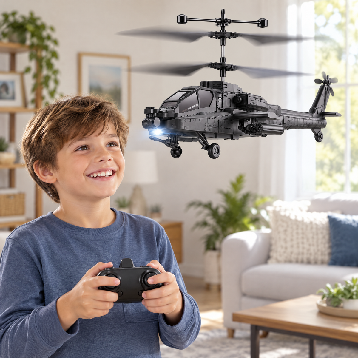 Child flying the SkyHover helicopter in the living room