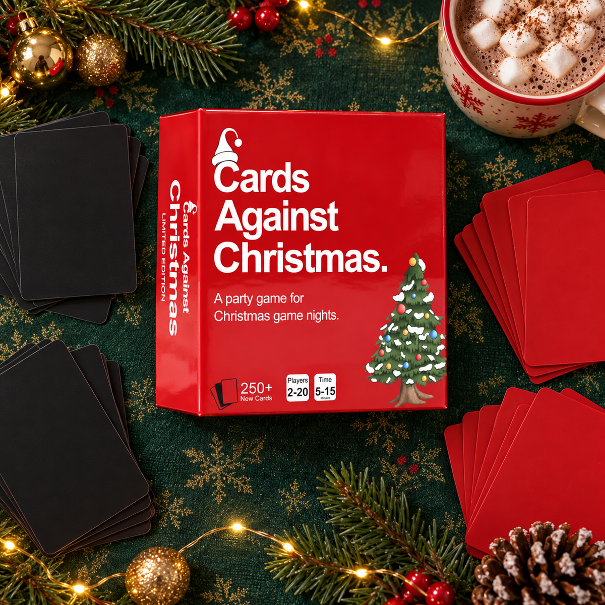 Cards Against Christmas box and cards on a festive table