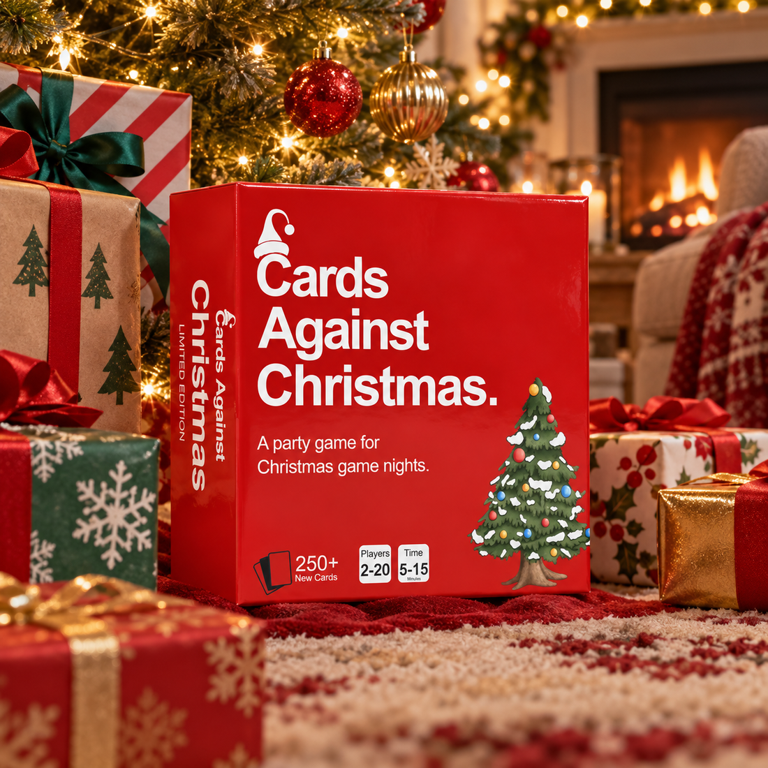 Cards Against Christmas under a Christmas tree